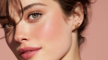 Obraz premium Soft Blush and Subtle Glow on Cheeks Against a Warm Neutral Backdrop Enhancing Natural Beauty During a Daytime Portrait Session