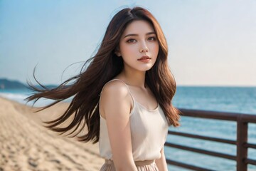 Naklejka premium 海辺にたたずむ女性