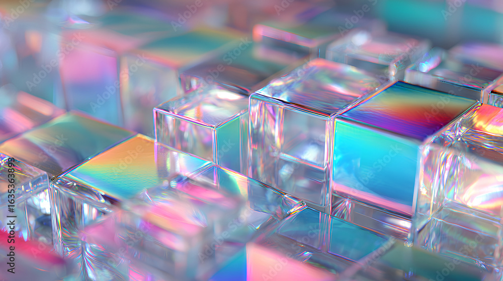 Poster hologram glass shapes dynamic 3d background. abstract bg with row of crystal square plates. holograp