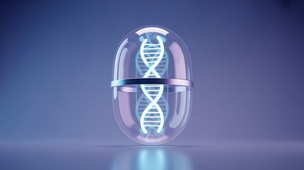 Futuristic capsule containing glowing dna helix on a blue background