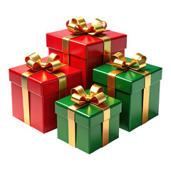 Four colorful gift boxes with gold ribbons and bows, stacked together in festive arrangement