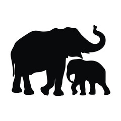 Fototapeta premium A silhouette of elephant with calf walking On white