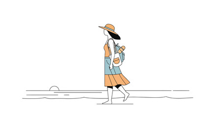 Coastal Stroll: Minimalist Illustration of Woman on Beach