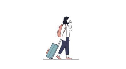 Traveling Woman with Luggage and Backpack, Minimalist Illustration