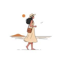Serene Seaside Stroll: A Minimalist Illustration of a Woman on the Beach