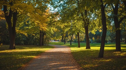 Autumn park path lined with trees. Sunlight filters through foliage