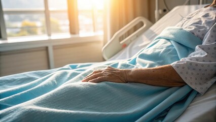 Patient resting in hospital bed with sunlight streaming in isolated on white background