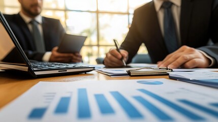 Businessmen in meeting, reviewing documents and graphs