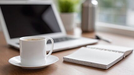 Modern home office setup with laptop, notebook, and coffee cup on wooden desk, symbolizing hybrid work. Minimalist decor with copy space, ideal for remote work and productivity concepts.