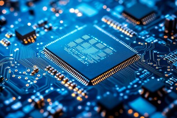Fototapeta premium Close-up of a computer chip on a circuit board, highlighted with blue and gold light
