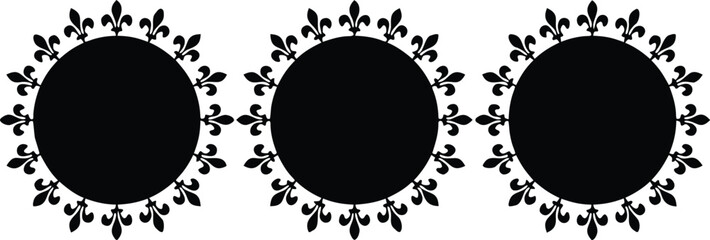 Three black circular frames with fleurdelis ornaments against a vintage textured background