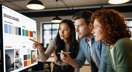 Diverse team collaborates on brand identity design, reviewing logo variations and color palettes on a large monitor.