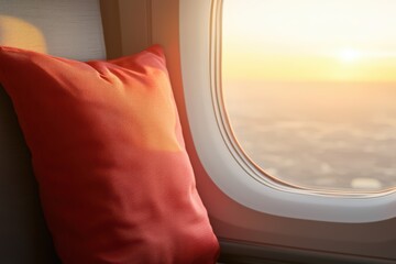Obraz premium Cozy Airplane Window Seat with Orange Pillow at Sunset View