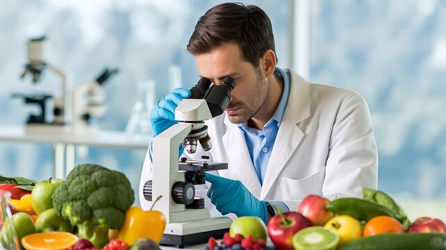 Scientist examines fresh produce under a microscope in a laboratory setting