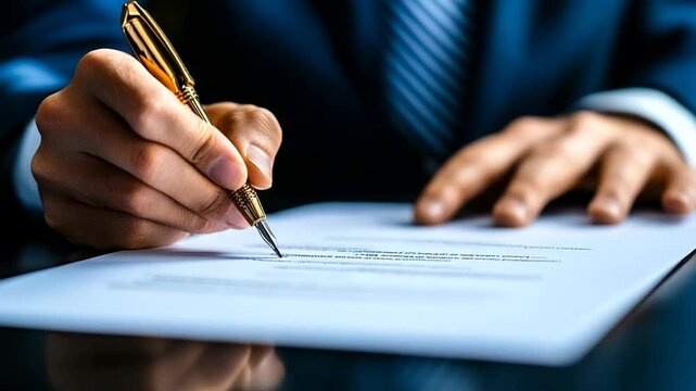Close-up video of a business person signing a contract with a golden pen for legal reasons
