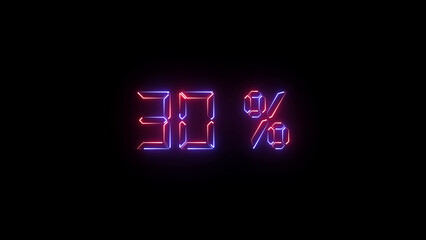 A vivid neon "30%" text icon glowing with bright, electrifying colors. Ideal for showcasing major discounts, flash sales, or promotional events in modern digital designs.
