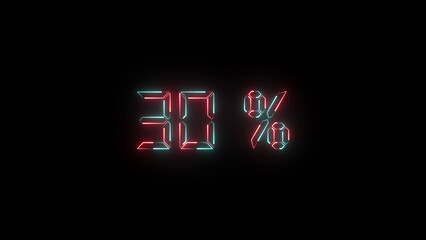 A vivid neon "30%" text icon glowing with bright, electrifying colors. Ideal for showcasing major discounts, flash sales, or promotional events in modern digital designs.
