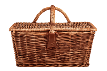 Rectangular wicker picnic basket with leather strap