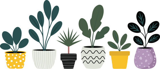 Potted Plants Illustration Varied Houseplants in Decorative Planters, Isolated on White Background for Design