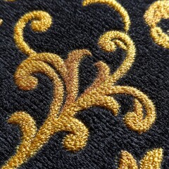 Close-up of gold embroidery on dark fabric