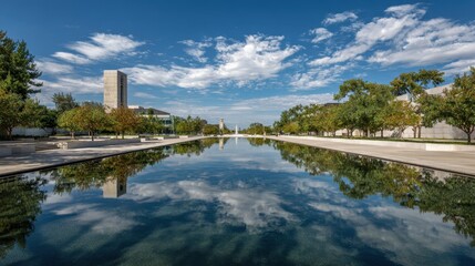 Calm campus reflecting pool, sunny autumn day, architecture backdrop, peaceful scene, university brochure