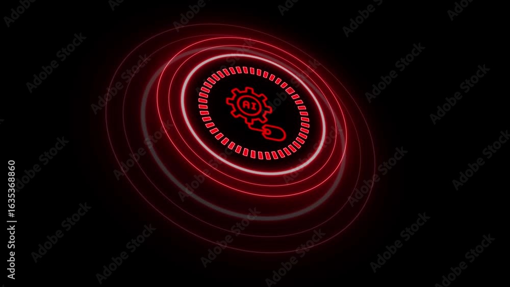 Poster a conceptual animation featuring a glowing neon icon that combines a gear, the letters 