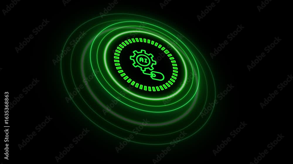 Poster a conceptual animation featuring a glowing neon icon that combines a gear, the letters 