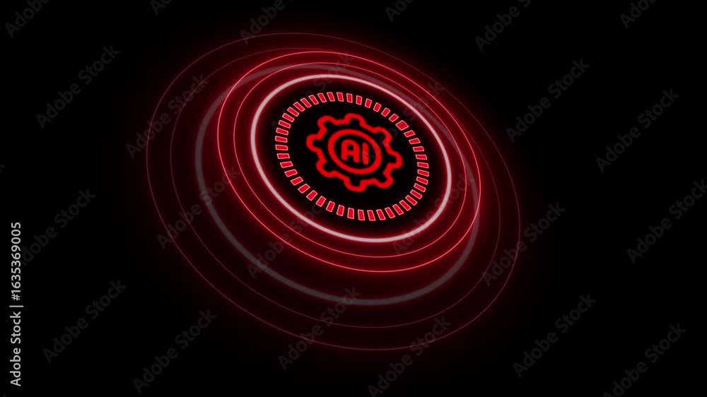 Poster a dynamic motion graphics animation of a glowing neon ai (artificial intelligence) icon enclosed wit
