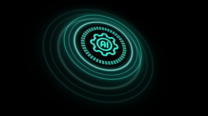 A dynamic motion graphics animation of a glowing neon AI (Artificial Intelligence) icon enclosed within a gear symbol. Luminous, concentric rings of light pulsate outwards from the center - Powered by Adobe