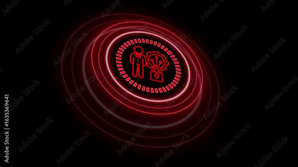 Poster glowing red icon of a user, gear, and lock for business cybersecurity and data protection,glowing ne