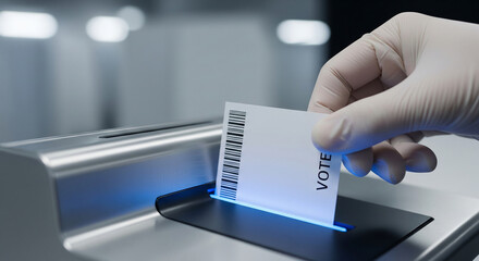 Gloved hand casts ballot into modern voting machine, signifying civic duty and democratic process