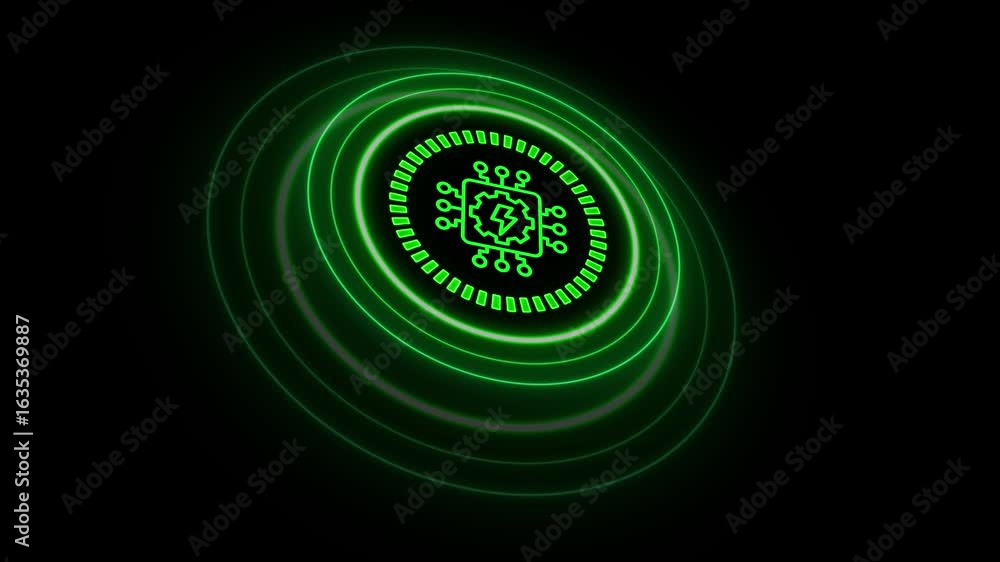 Poster futuristic symbol of a computer chip with glowing rings for high technology,glowing green icon of a 