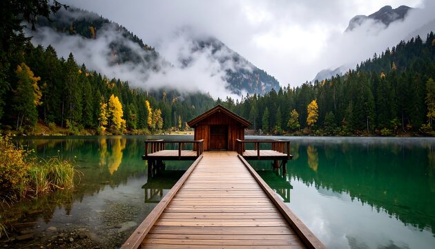 Idyllic wooden pier leading to a rustic boathouse on a tranquil lake surrounded by mountains