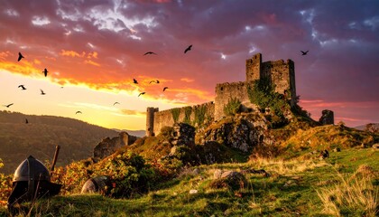 Fototapeta premium Medieval Castle Sunset with Silhouette, Dramatic Sky, Birds, and Landscape.
