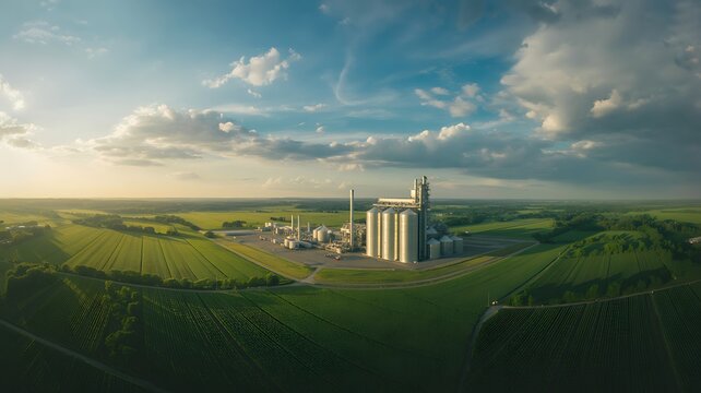 Aerial view of a grain elevator and agricultural landscape at sunset