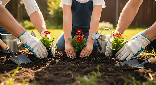 Family planting flowers together in a garden, enjoying outdoor activity and nature
