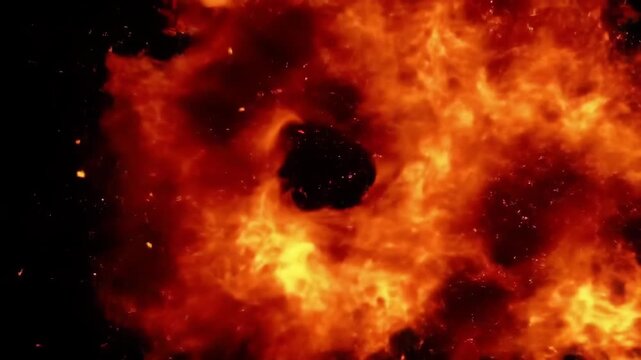 Dynamic fiery explosion with swirling embers and intense heat, perfect for action sequences or dramatic effects.