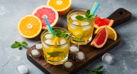 Fototapeta premium Refreshing Citrus Cocktails with Mint, Ice, and Colorful Straws on Wooden Board