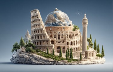 Ancient ruins surrounding a miniature Earth globe