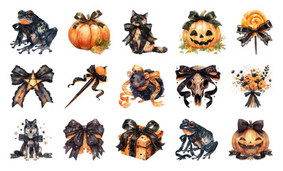 PNG Halloween-themed watercolor illustrations collection, element set on transparent background