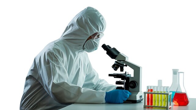 Scientist in hazmat suit working with microscope and test tubes in laboratory - Powered by Adobe