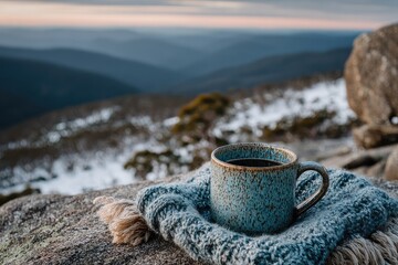 A rustic blue mug of coffee rests on a cozy knit scarf atop a mountain rock, overlooking a snowy, mountainous vista at sunset