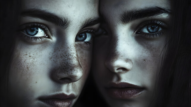 un par de gemelos con acercamiento en su cara o rostro de ojos claros con pecas en su rostro piel pigmentada cosmetologia belleza natural 