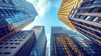 Low angle view of modern skyscrapers against a partly cloudy sky