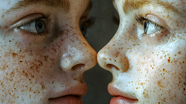 acercamiento del rostro de un par de gemelos identicos viendose o mirandose de frente de tez rubia y clara con pecas en su piel pigmentacion y manchas en la cara pelirojos 