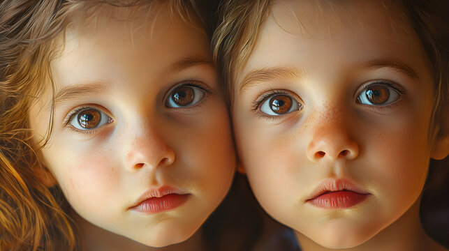 un acercamiento de el rostro o cara de dos ni&ntilde;as hermanas gemelas identicas posando para la foto mirando a la camarahermosas peque&ntilde;as similares e iguales 