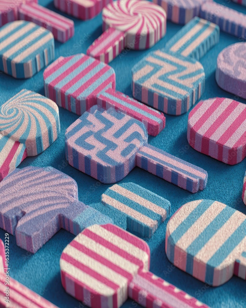 Poster a close-up of pastel-colored keys with various patterns arranged on a blue surface