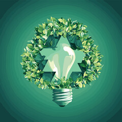 Light bulb and green leaves with recycle concept. Renewable energy for Green ecology and environment concept. Vector illustration