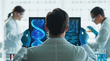 Scientists in a laboratory analyzing dna on computer screens