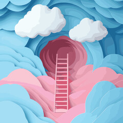 3d Paper cut abstract minimal scene geometric shape template background.Ladder and cloud on blue sky background.Vector illustration